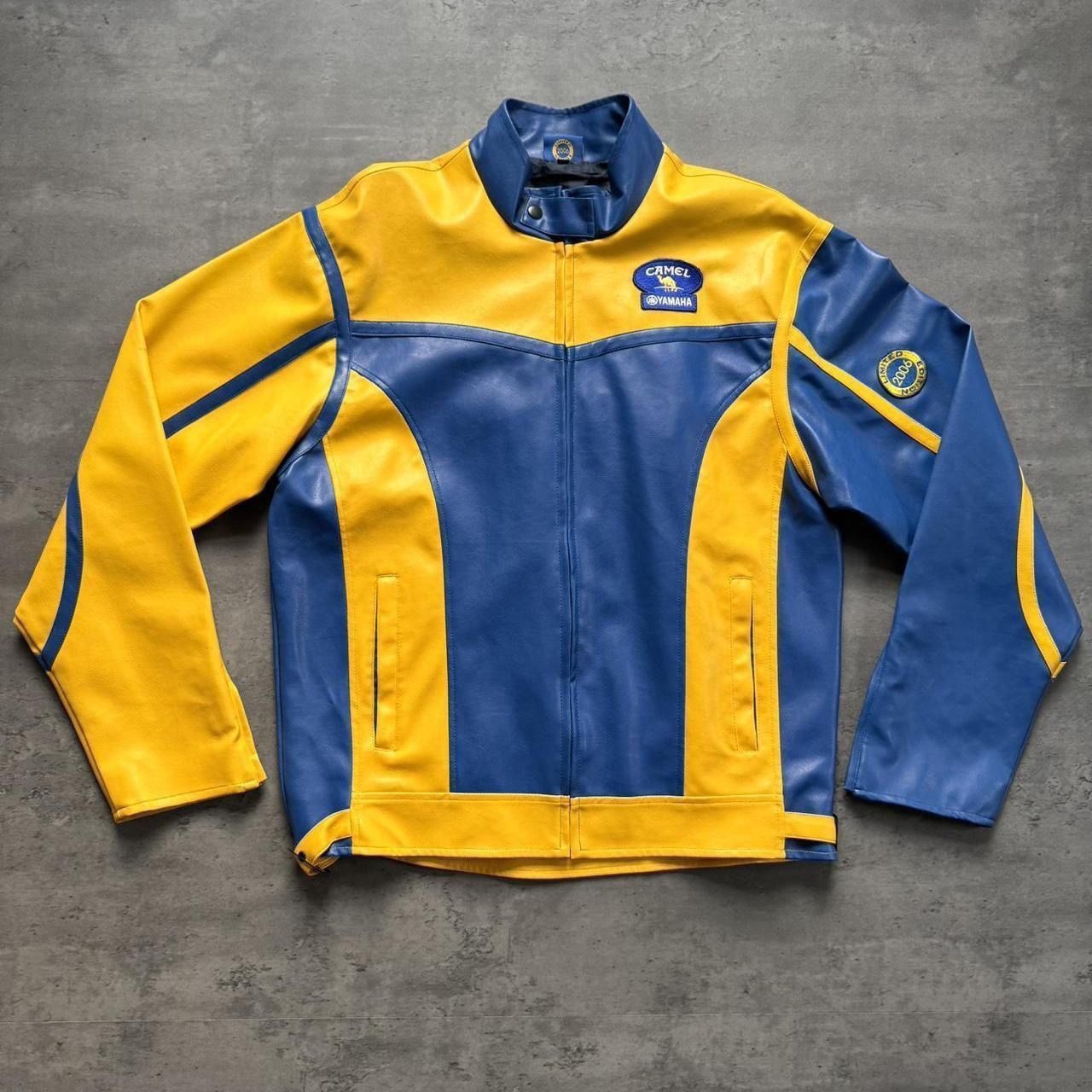90s Yellow and Blue Camel Yamaha Leather Biker Jacket
