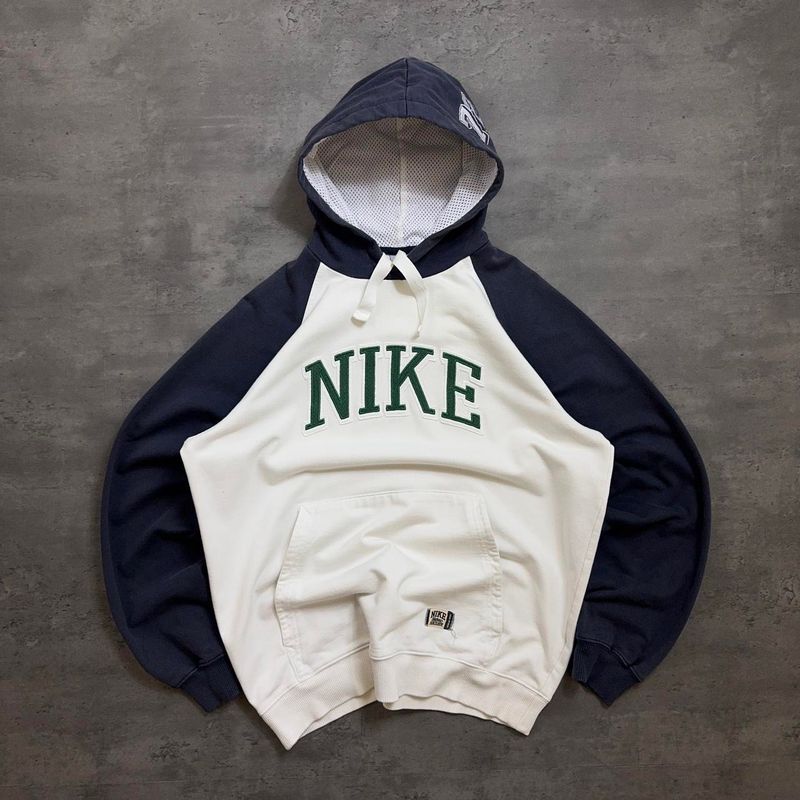 Navy and White Nike Embroidered Spellout Hoodie