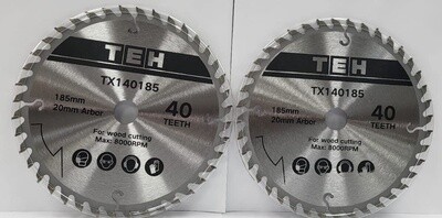 TEH 185mm x 20mm 40t Teeth Wood Cutting TCT Circular Saw Blade Disc fits Evolution Bosch Makita (Twin Pak )