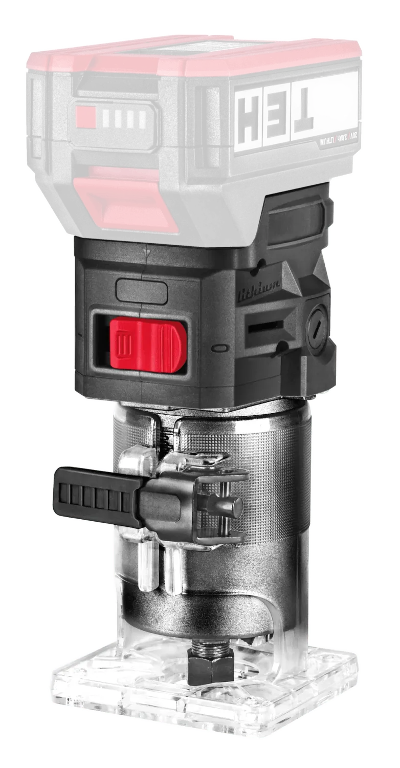 TEH Professional 20v Cordless Trimmer unit LT606, black and red trimmer with clear base, on a black background.