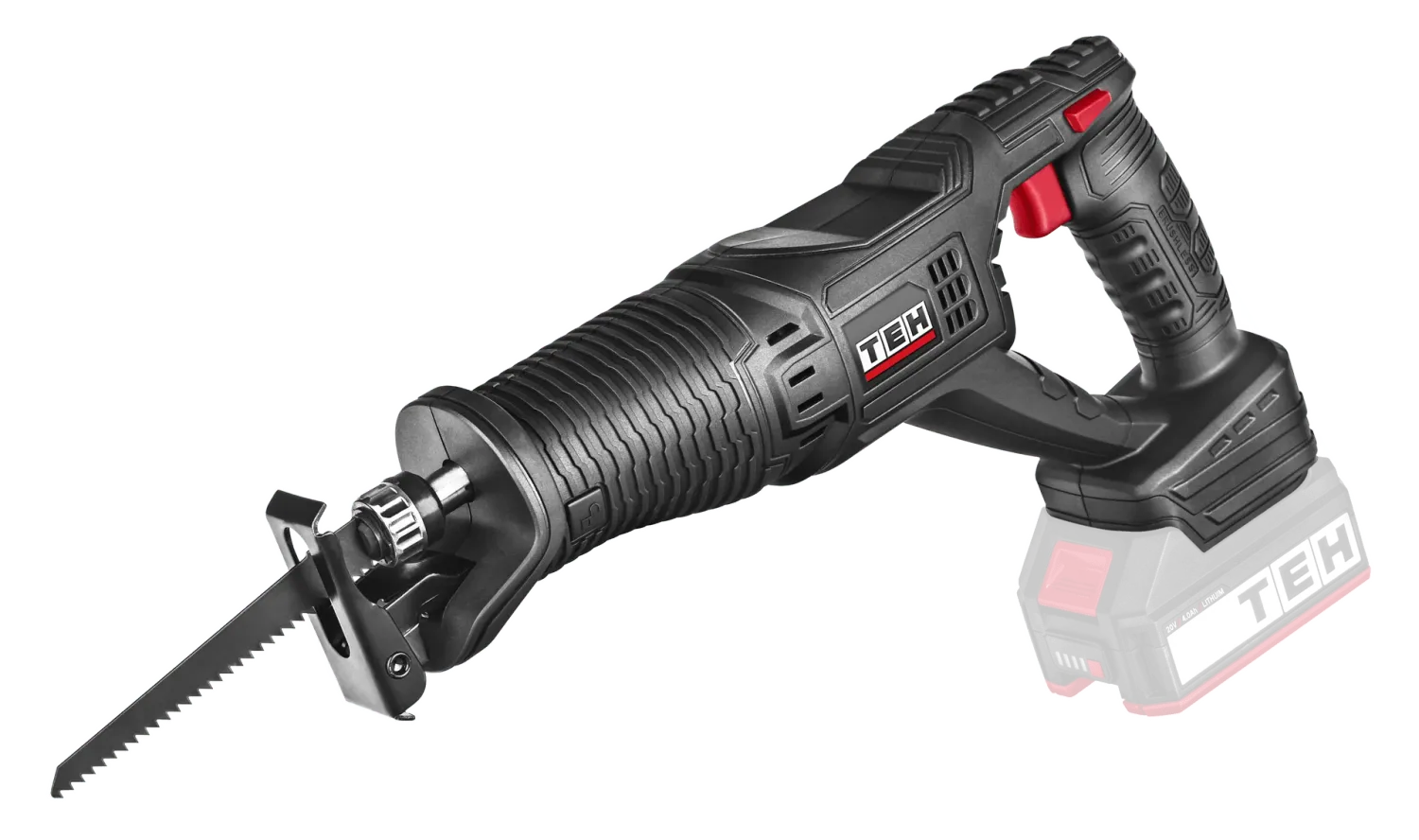 TEH Cordless Brushless Reciprocating Saw, 22mm, black and red, with battery and serrated blade, for wood and metal cutting.