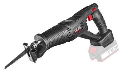 TEH Cordless Brushless Reciprocating Saw, 22mm, black and red, with battery and serrated blade, for wood and metal cutting.