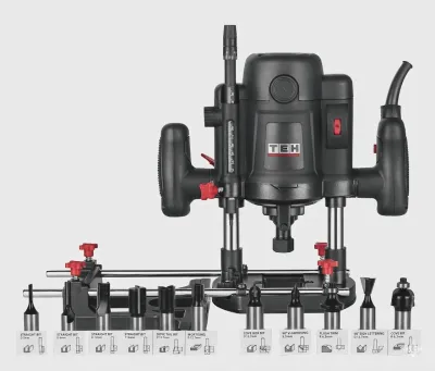 TEH 1500W Electric Plunge Router with 8mm &amp; 12mm collet, tilt base, and 12 router bits, black color, professional woodworking tool.