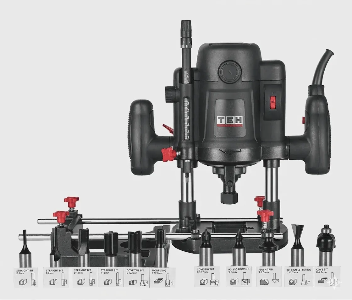 TEH 1500W Electric Plunge Router with 8mm &amp; 12mm collet, tilt base, and 12 router bits, black color, professional woodworking tool.