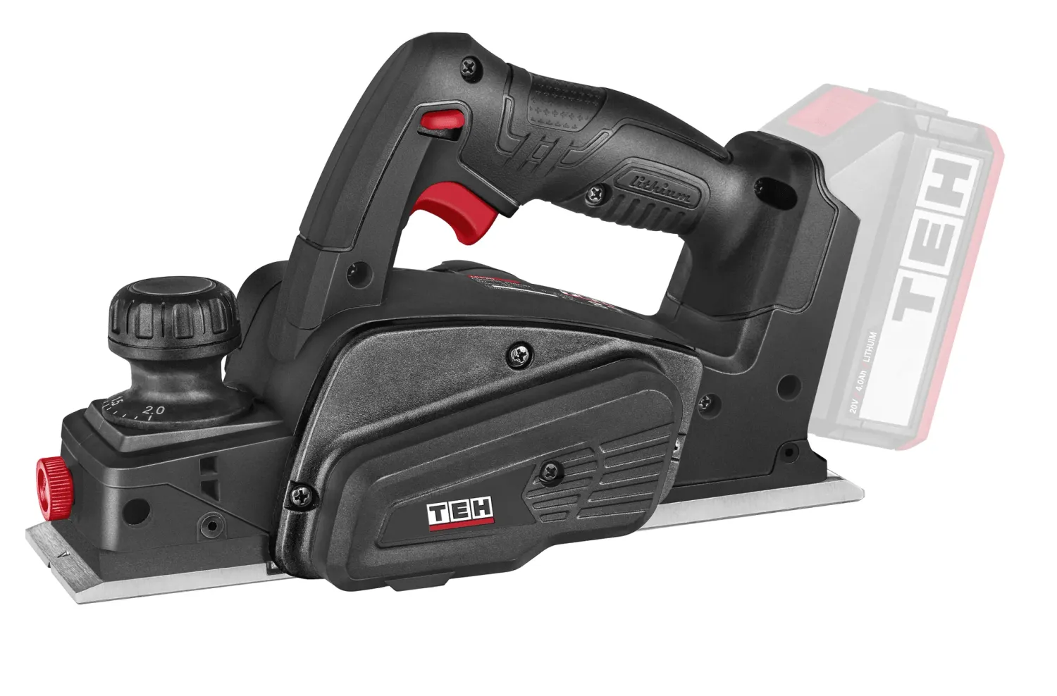 TEH 20V Max 82mm Electric Planer, black and red, lithium cordless handheld wood cutting tool with 15000r/min speed, TEH logo.