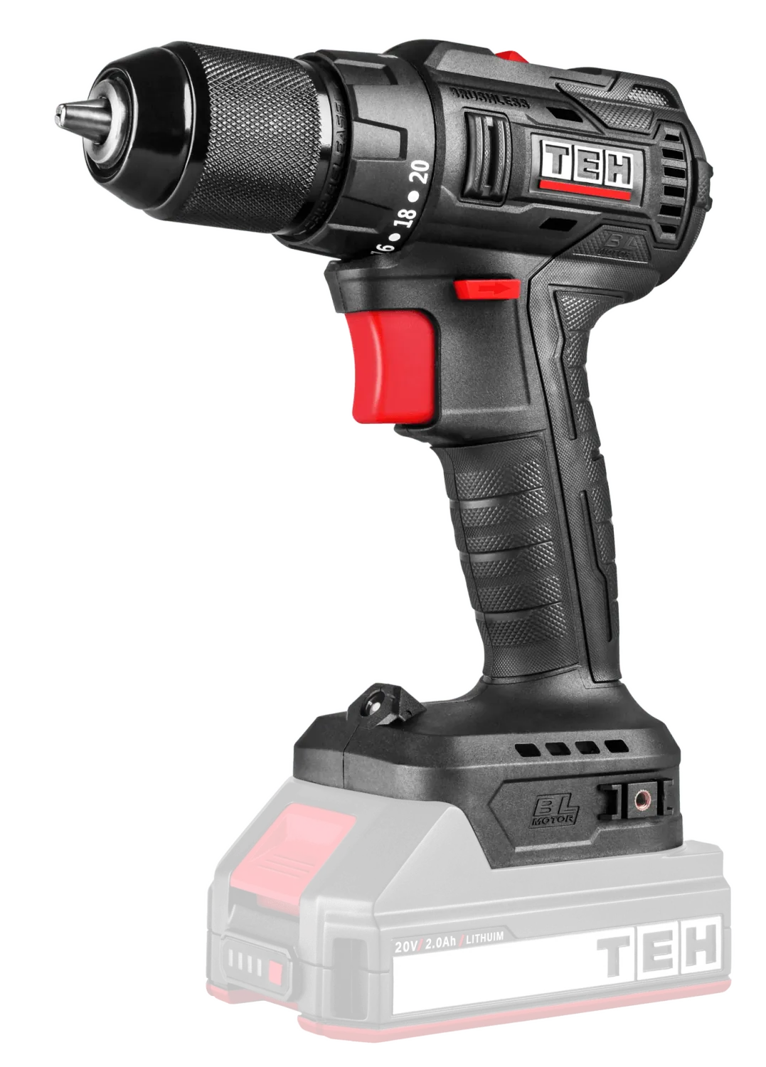 TEH Brushless Cordless Impact Driver Drill 50Nm, black and red, with battery and adjustable speed settings on a solid black background.