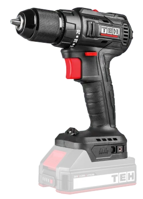 TEH Brushless Cordless Impact Driver Drill 50Nm, black and red, with battery and adjustable speed settings on a solid black background.