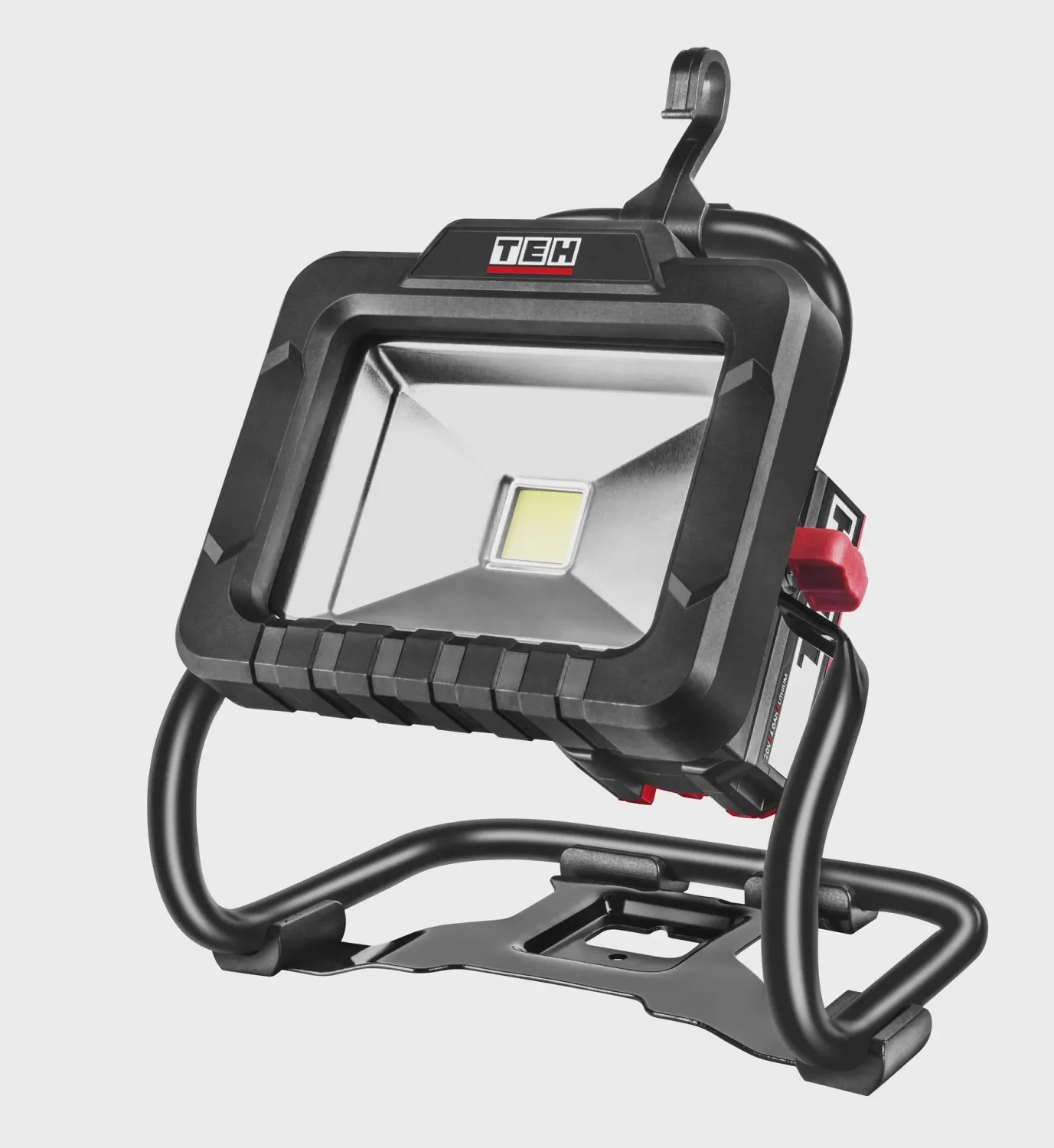 TEH 20V cordless LED work light, black, 1800 lumen, standing on a base with a red switch and handle on top.