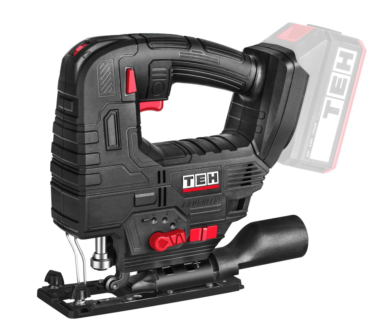 TEH 20V Brushless 100mm Cordless Jig Saw, black and red, with battery, for wood and metal cutting, featuring keyless blade change.