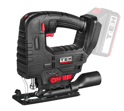 TEH 20V Brushless 100mm Cordless Jig Saw, black and red, with battery, for wood and metal cutting, featuring keyless blade change.