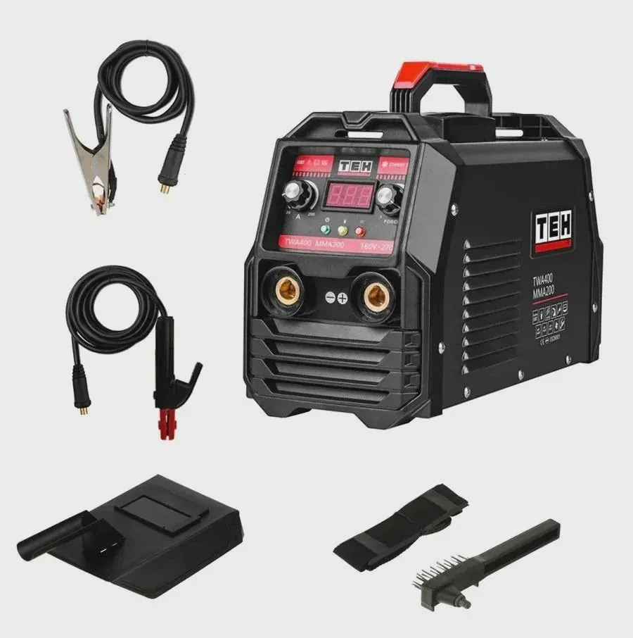 TEH Tools 200Amp Inverter Welder MMA Machine IGBT with digital display, handle, cables, clamp, and accessories.