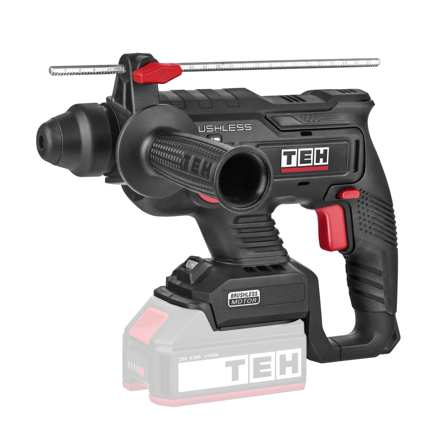 TEH Brushless SDS Rotary Hammer Drill, 22mm, black and red, with battery and silver drill bit, featuring ergonomic grip and textured handle.