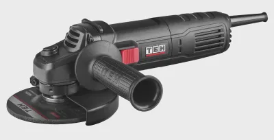 TEH 115mm Angle Grinder, black and red, 750W, with spindle lock and 11000 RPM, TEH logo visible on side and disc.