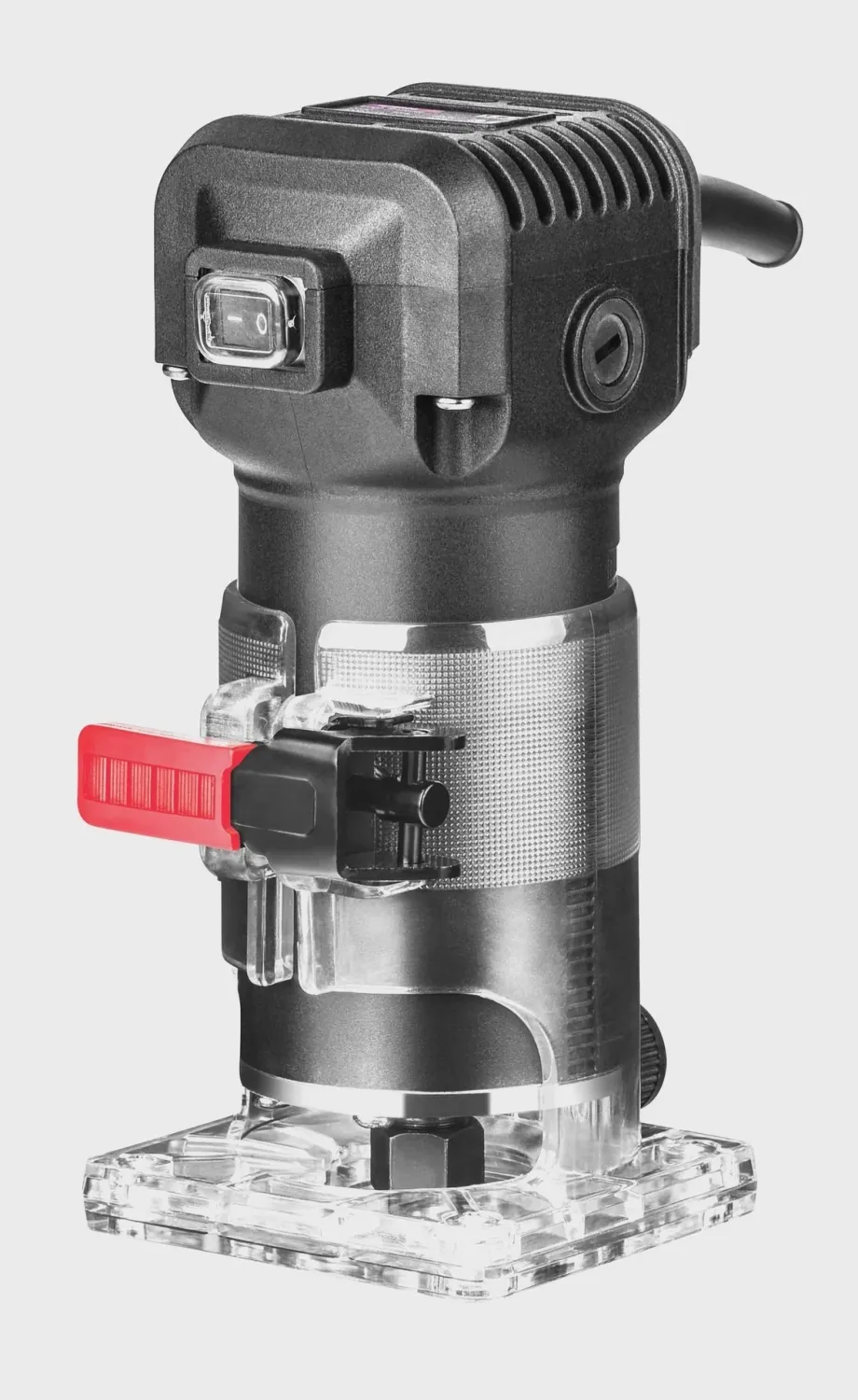 Black TEH 580W palm trimmer router with red handle and clear base, 6mm collet, for laminate trimming and edge routing.