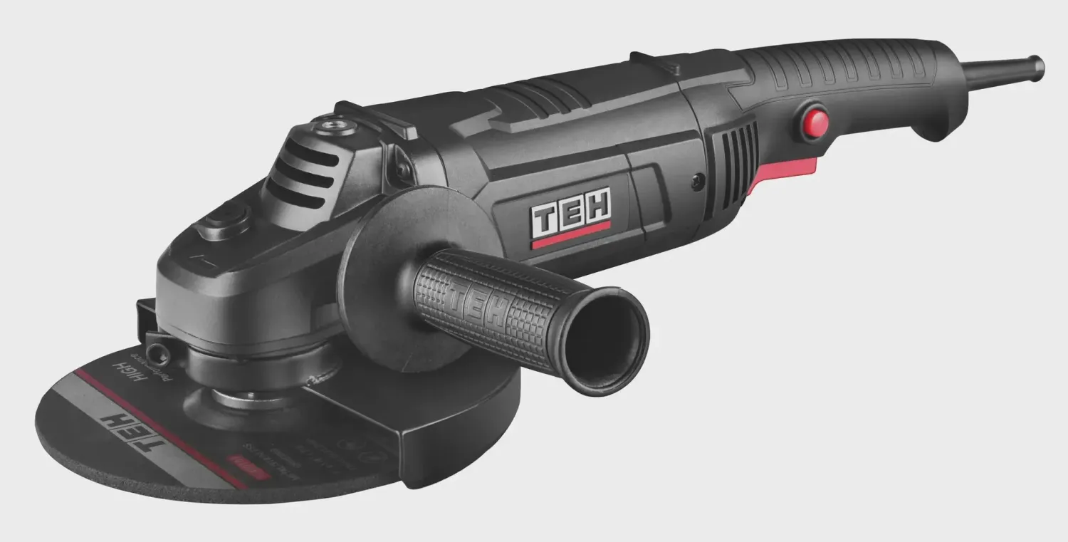 TEH 180mm 7" Angle Grinder, black and red, M14 spindle, soft start, 8500 RPM, heavy duty grinding tool.