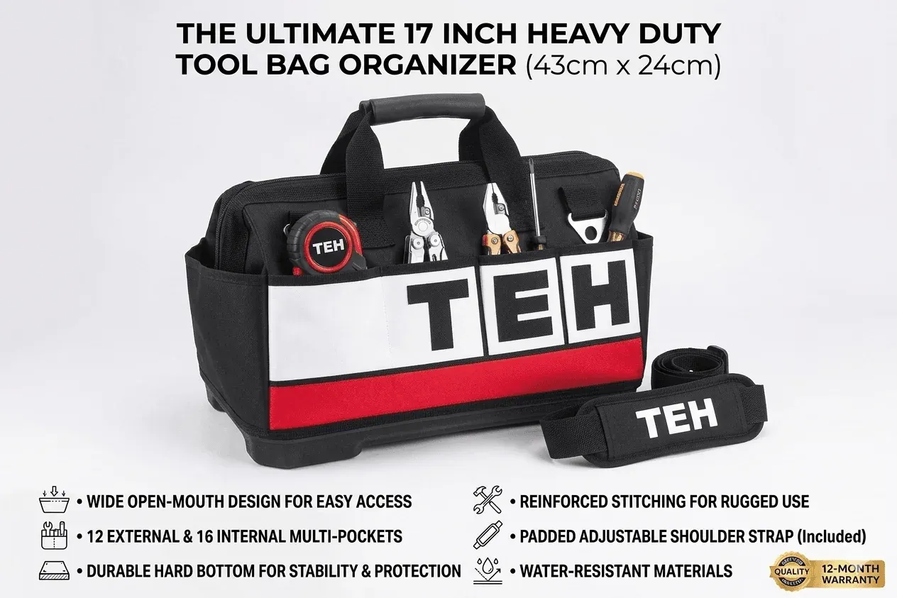 Black 17 inch TEH tool bag with red and white details, shoulder strap, and tools, made of heavy-duty material, 43cm x 24cm.