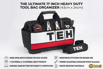 Black 17 inch TEH tool bag with red and white details, shoulder strap, and tools, made of heavy-duty material, 43cm x 24cm.