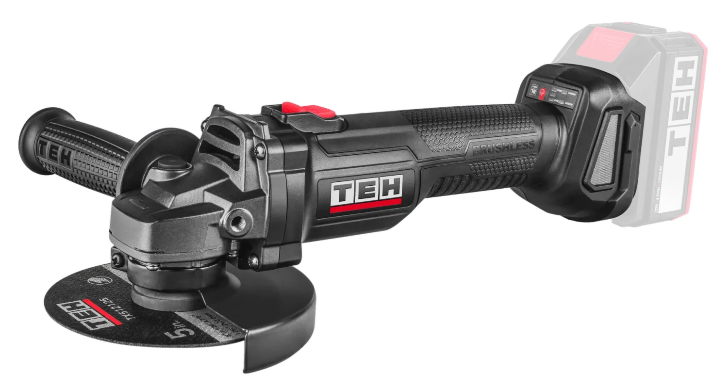 TEH 125mm brushless angle grinder cut-off tool, black and red, with TEH logo, brushless motor, and 125mm cutting disc.