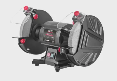 TEH 200mm Electric Bench Grinder, black, dual 8-inch grinding wheels, red accents, clear safety guards, model TBG20035.