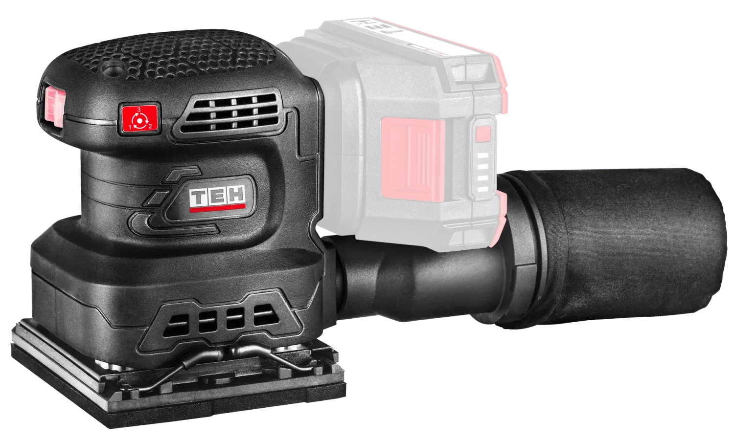 TEH 100mm brushless cordless sheet palm sander, black and red, with speed settings and textured grip,  LS401 unit.