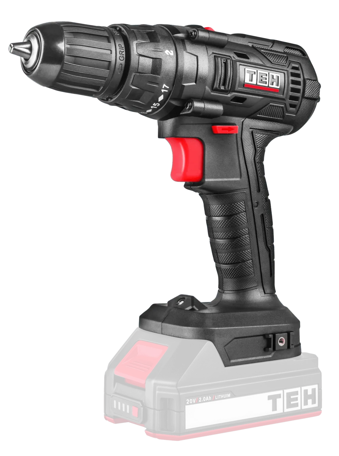 TEH Cordless impact drill driver, 20V, 30Nm, 2 speed, black and red, TEH logo, with battery, no charger, grip texture.