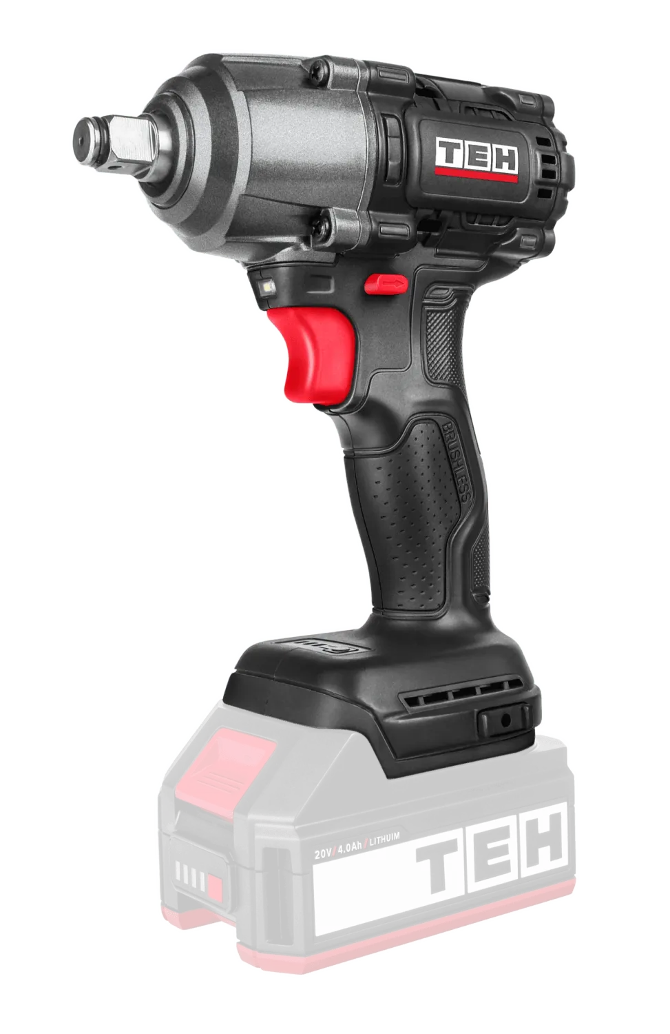 TEH 20V cordless brushless impact wrench, 1/2 inch, black and red, 500N.M, TEH logo.