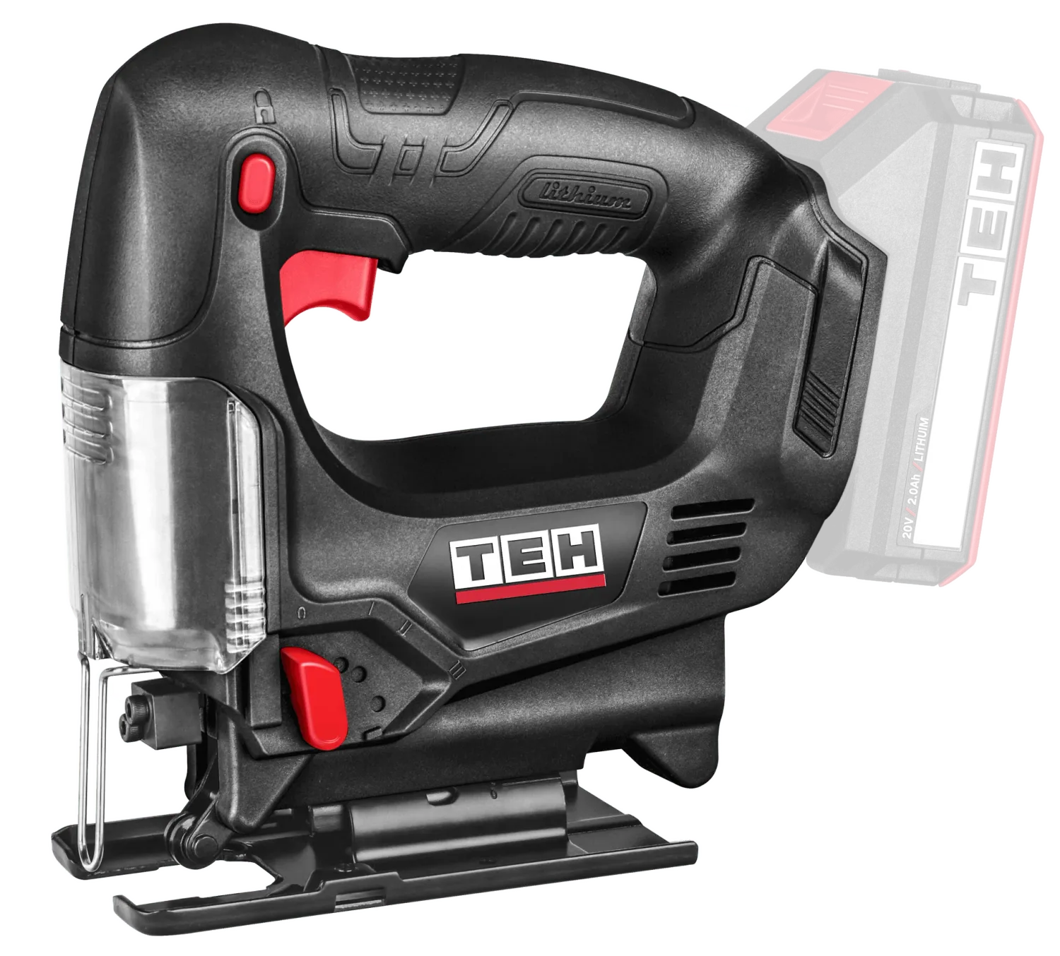 TEH 65mm Cordless Jigsaw, black and red body with Lithium battery, ergonomic handle and adjustable speed control, TEH logo visible.