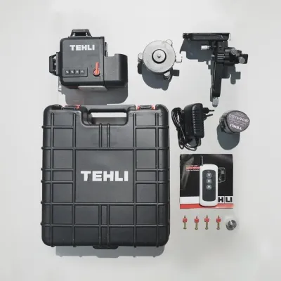 TEHLI TEH 360° Red Cross Line Self-Levelling Laser, black case, remote control, hard case, and tripod kit included.