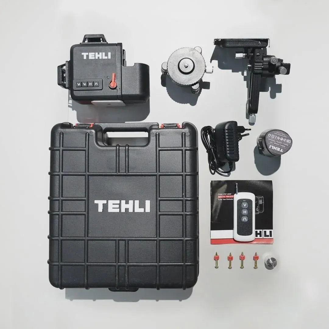 TEHLI TEH 360° Red Cross Line Self-Levelling Laser, black case, remote control, hard case, and tripod kit included.