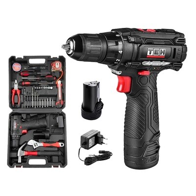 TEH TDLI212X 12V Cordless Drill Driver | 23Nm | 68-Piece Home DIY Tool Kit | Hard Case