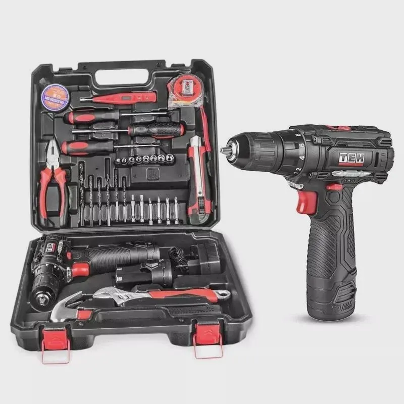 TEH TDLI212X 12V cordless drill driver with 68-piece tool kit in a hard case, black and red color, TEH logo on drill.