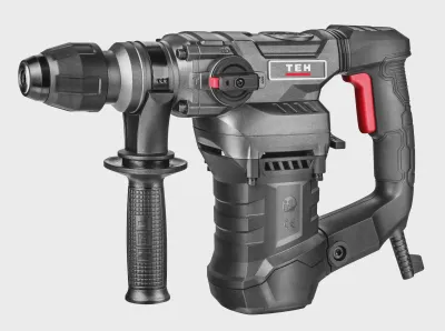 TEH 32mm SDS-Plus Rotary Hammer Drill, black and red, 1500W, TEH logo, side handle, three operating modes switch.