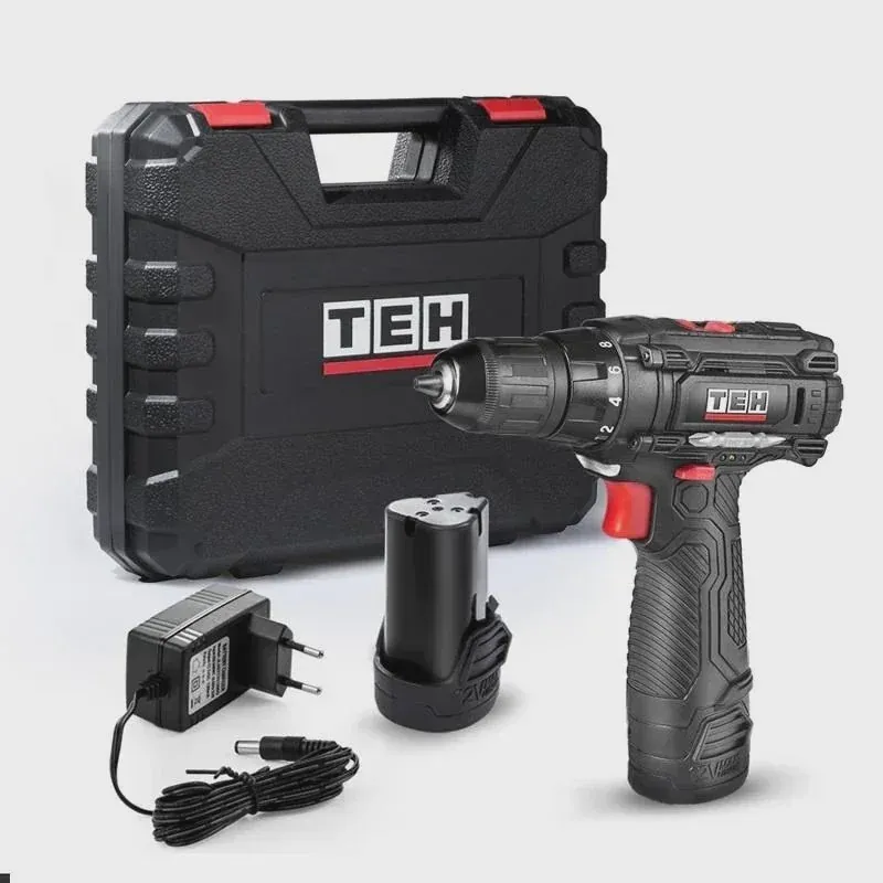 TEH 12v Cordless Drill Driver, black and red, with dual speed, 23Nm, two batteries, charger, and case.
