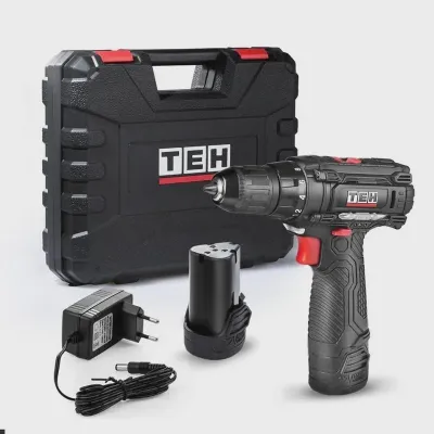 TEH 12v Cordless Drill Driver, black and red, with dual speed, 23Nm, two batteries, charger, and case.
