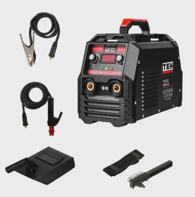 TEH TWA280 MMA 140A Inverter Stick Welder, black with red accents, IGBT DC, digital display, with accessories including cables and tools.