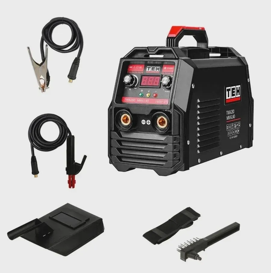 TEH TWA280 MMA 140A Inverter Stick Welder — IGBT DC — Digital Display — Wide Voltage — Home & Workshop TEH TWA280 MMA 140A Inverter Stick Welder, black with red accents, IGBT DC, digital display, with accessories including cables and tools.