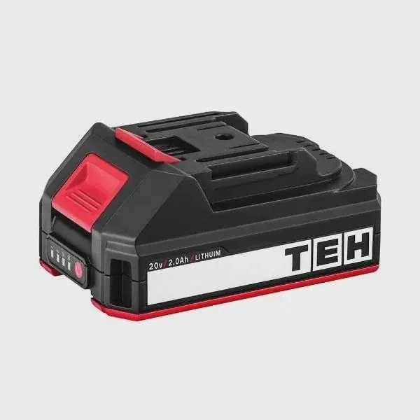 TEH 20V 2Ah Lithium Ion power tool battery, black and red, with label showing 20v 2.0Ah LITHIUM and TEH logo.