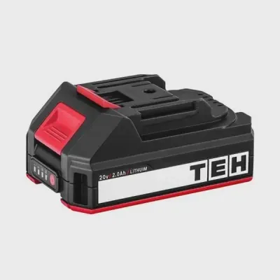 TEH 20V 2Ah Lithium Ion power tool battery, black and red, with label showing 20v 2.0Ah LITHIUM and TEH logo.