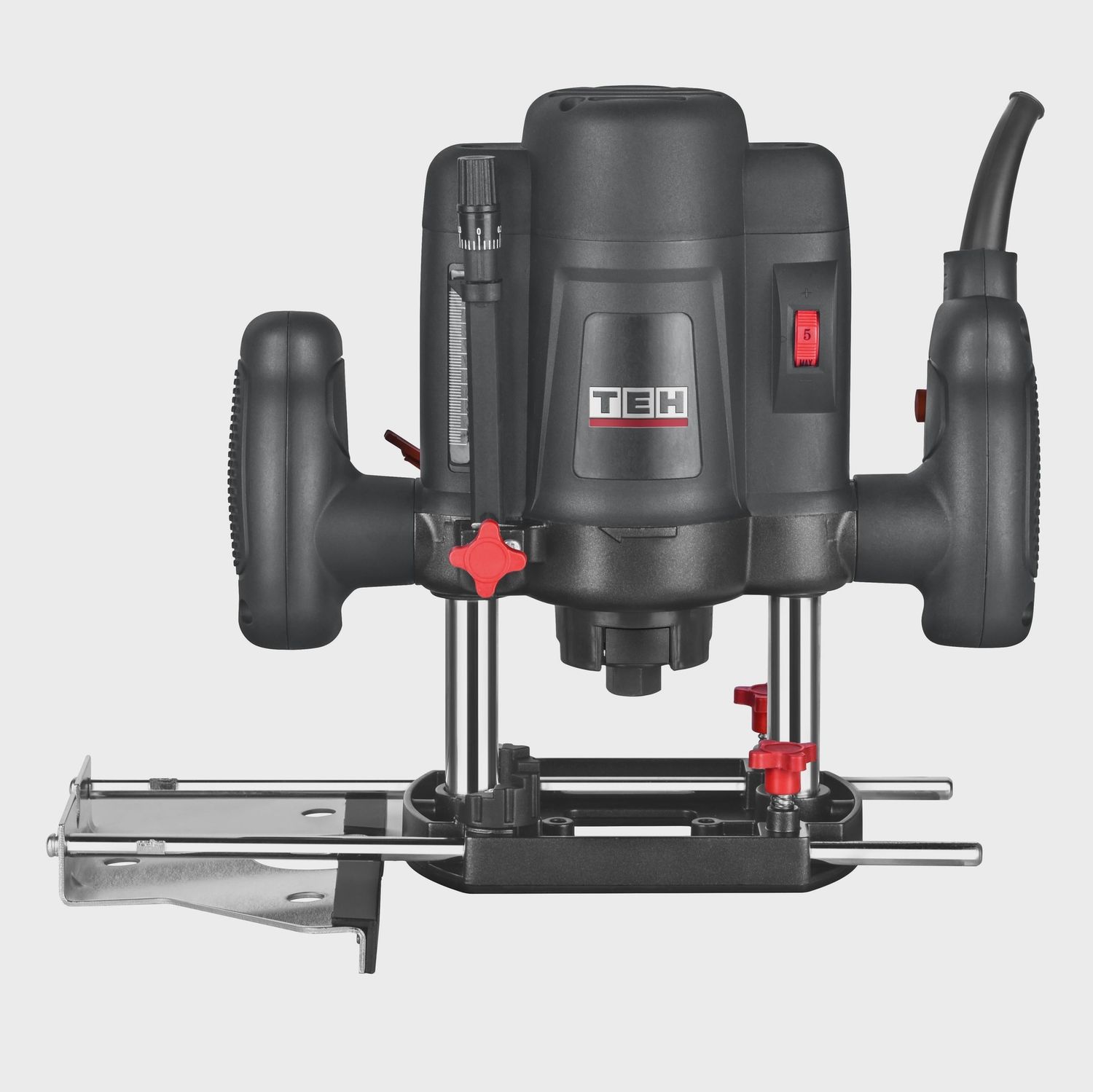 Black TEH electric plunge router with red accents, parallel fence guide, and depth adjustment scale, model TER7082, 1200W.