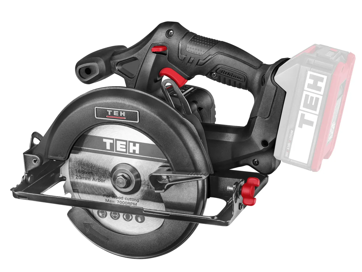 TEH 20V 165mm cordless circular saw with parallel guide, 6-1/2 inch blade, black and red, TEH logo, silver battery pack.