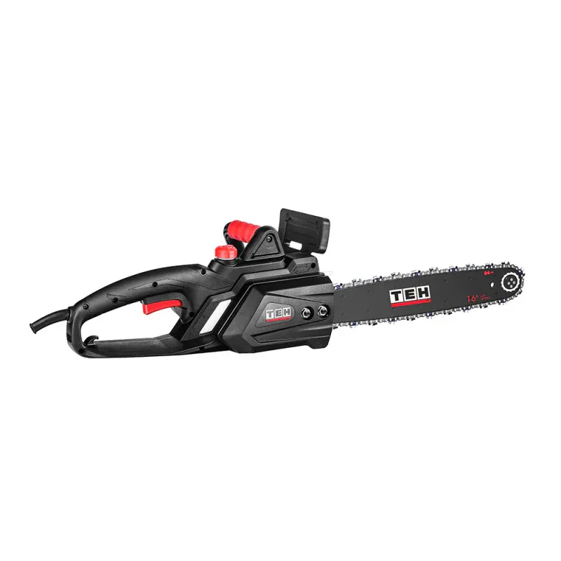 TEH 16" Corded Electric Chainsaw, black and red, 100% copper motor, TEH logo on handle and bar.
