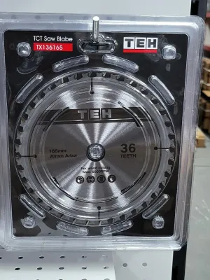 TEH 165mm TCT saw blade, 36 teeth, 20mm bore, tungsten carbide teeth for wood cutting, max 5000RPM.