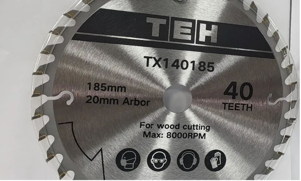 TEH 185mm TCT saw blade, 40 teeth, 20mm bore, silver with black text and markings, tungsten carbide teeth for wood cutting.