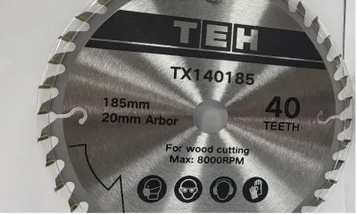 TEH 185mm TCT saw blade, 40 teeth, 20mm bore, silver with black text and markings, tungsten carbide teeth for wood cutting.