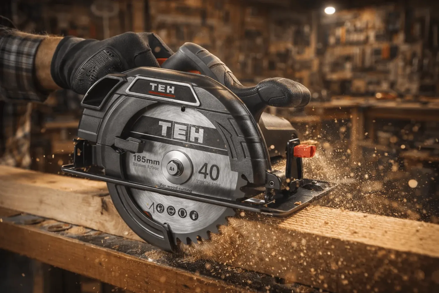 TEH 185mm Corded Circular Saw, 40T HSS Blade, cutting wood with visible sawdust, showcasing its use in a workshop setting.