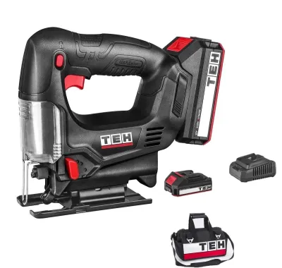 TEH Cordless Jigsaw Wood &amp; Metal 65mm Starter Kit LJS665 with 2.0Ah battery, charger and carry bag, black and red color.