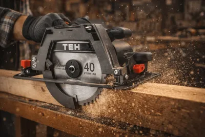 TEH 200mm corded circular saw, 40-tooth HSS blade, cutting wood with sawdust flying, black and silver body with red accents.