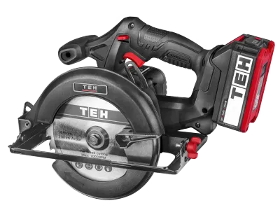 TEH 165mm cordless circular saw, black and red, with 20V 4.0Ah lithium battery, for wood, plastic and soft metal cutting.