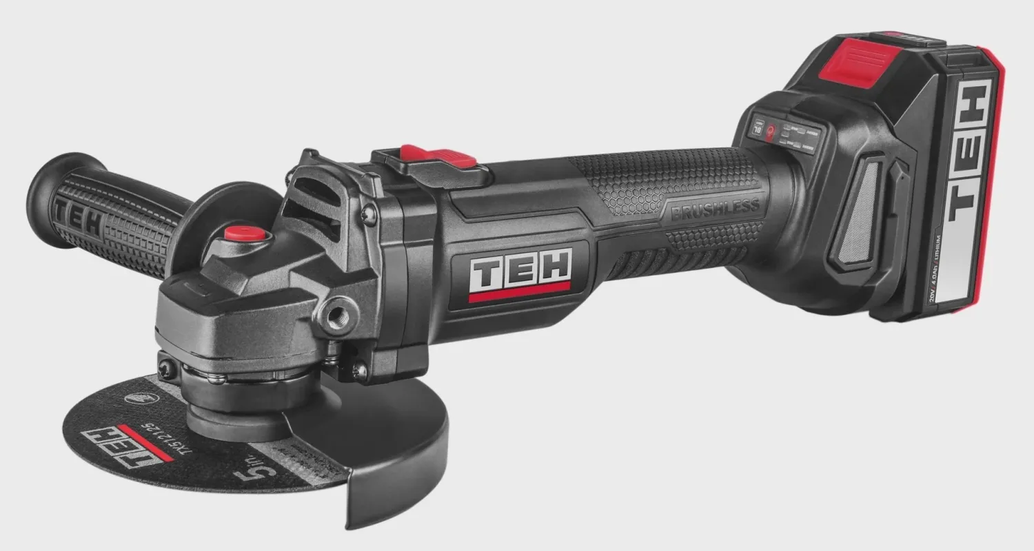 TEH LG125 20V cordless angle grinder kit, brushless, 125mm, black and red, with battery and side handle.