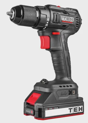 TEH brushless cordless impact driver drill, black and red, 20V, 2.0Ah lithium-ion battery, with speed settings and adjustable torque.